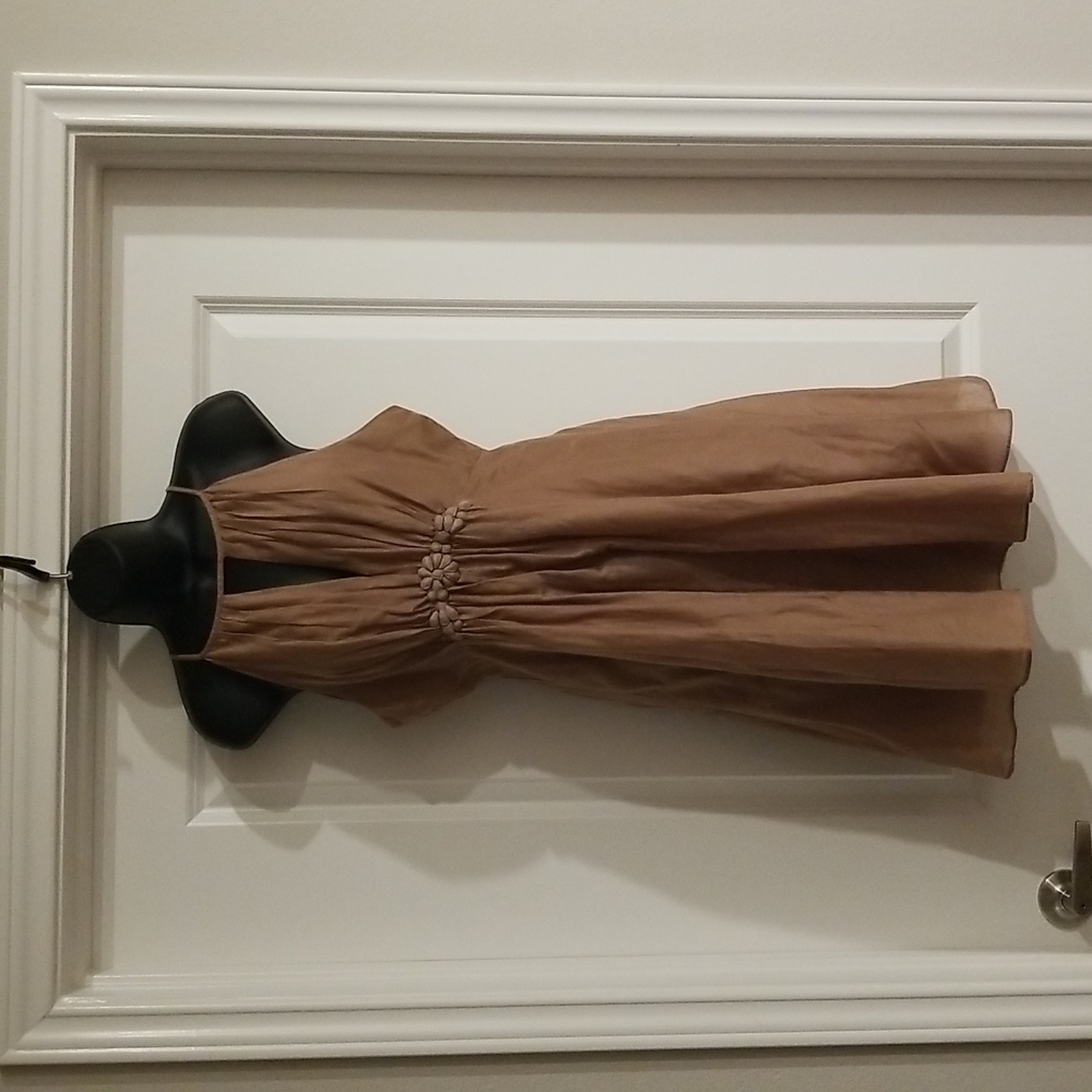 Esley Tan Silk Keyhole High Neck Dress
